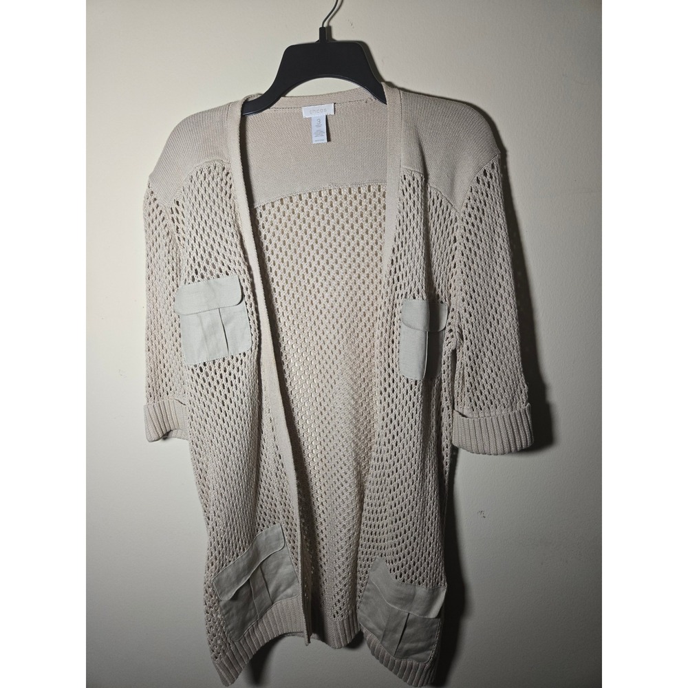 Chico's Open Front Cardigan Women Size 3 Beige Excellent Cargo Pocket Crochet